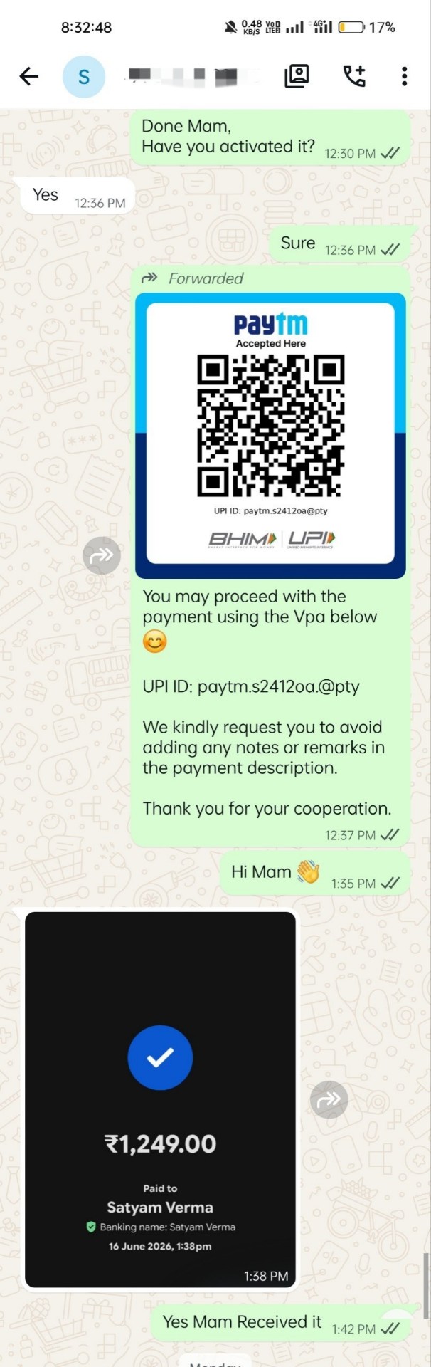Verified customer WhatsApp payment proof from Rani Shastri