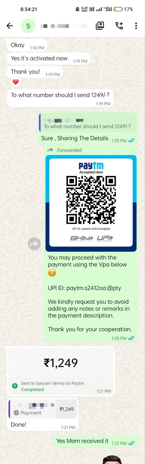 Verified customer WhatsApp payment proof from Aditya K.